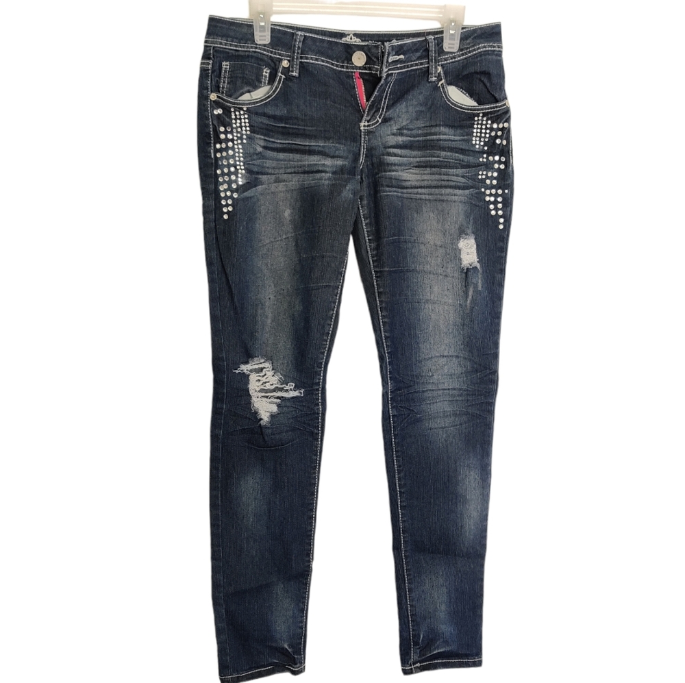 Almost Famous Skinny Distressed Gem Studded Jeans EUC sz 9